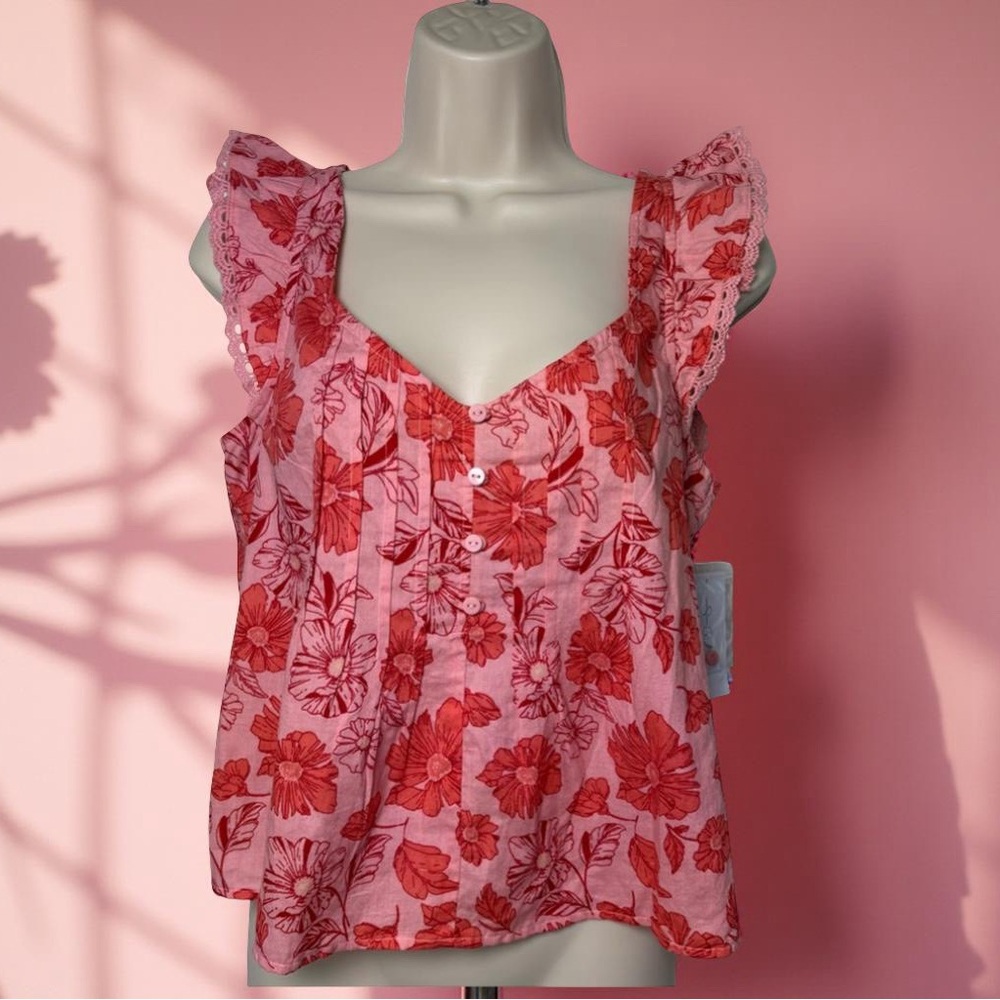 Jessica Simpson JS Kera SLV Ruffle Top Sea Pink Delicate Floral Size XS NWT